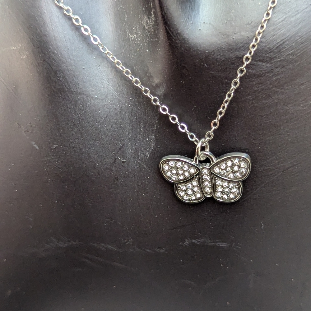 Silvertone Butterfly Crystal Pendant Necklace 9.5"